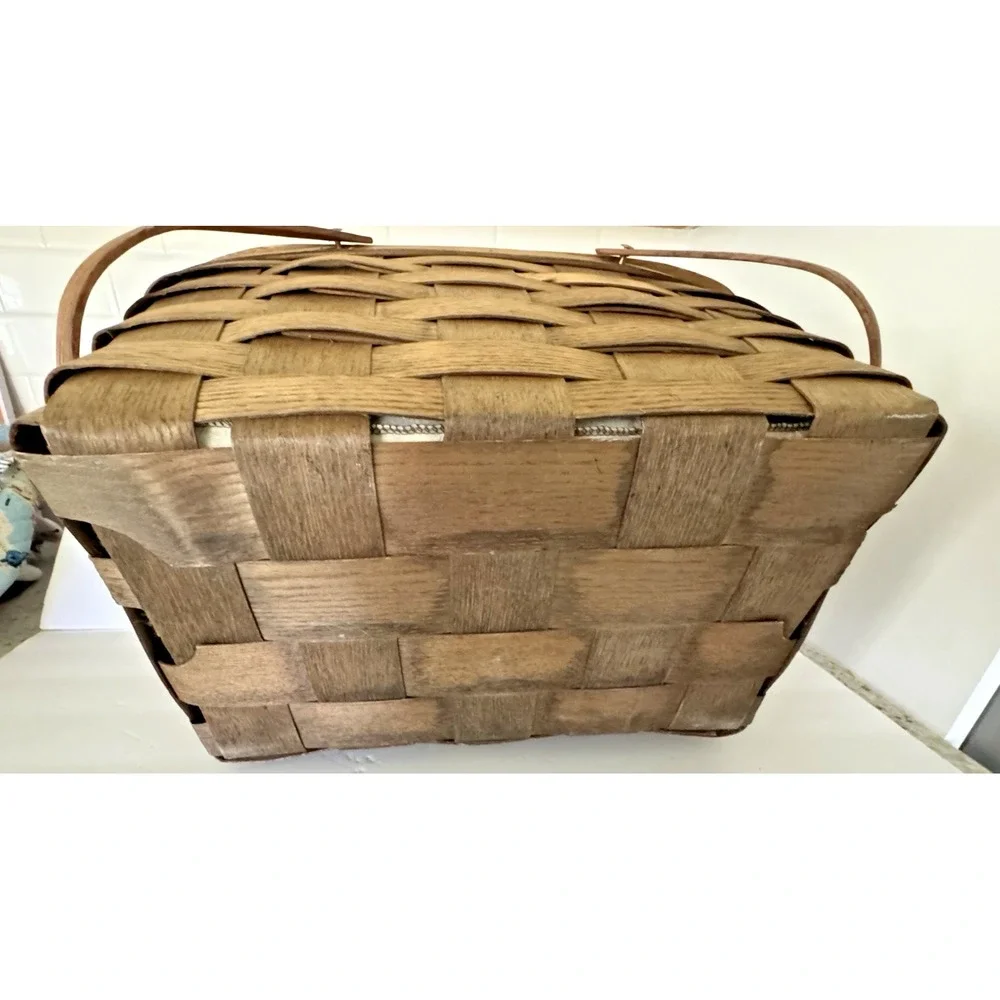 Wooden Picnic Basket Hand Painted Lined  Floral Lid Rustic Cottage Charm